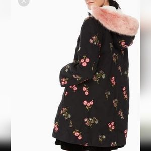 EUC Kate Spade Embroidered Parka w/detachable faux pink fur hood liner Size XL